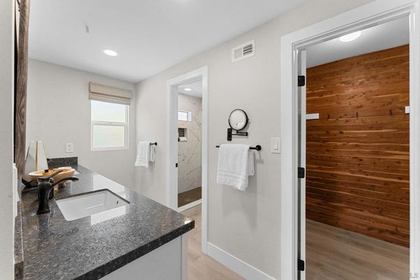 Bathroom, Interior, Recessed Lighting, Wood Texture Flooring, Wooden Walls