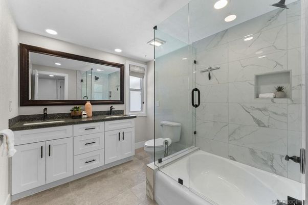 Bathroom, Dual Sink Vanities, Glass Shower, Interior, Marble Walls, Recessed Lighting