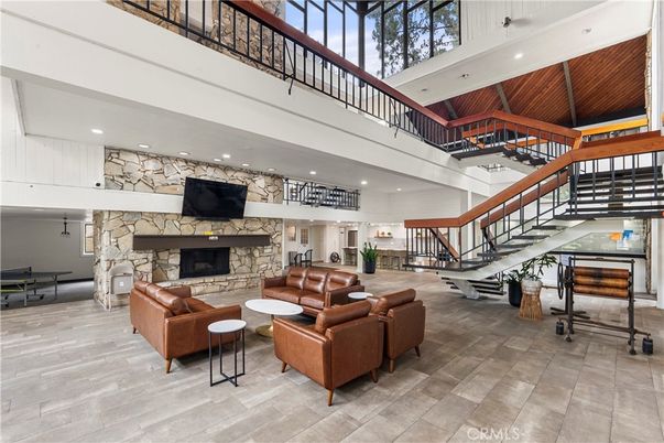 Fireplace, Interior, Living room, Recessed Lighting, Stone Walls, Wooden Ceilings