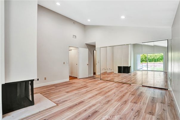 Empty room, Fireplace, Interior, Recessed Lighting, Wood Texture Flooring