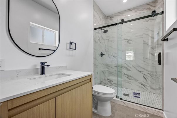 Bathroom, Glass Shower, Interior, Marble Walls, Recessed Lighting