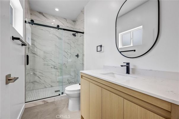 Bathroom, Glass Shower, Interior, Marble Walls, Recessed Lighting