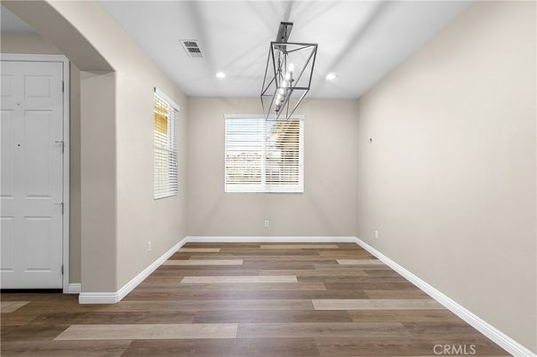 Empty room, Interior, Pendant Lights, Recessed Lighting, Wood Texture Flooring