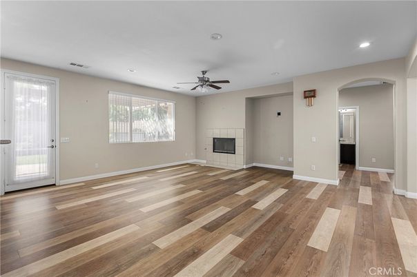 Empty room, Fireplace, Interior, Recessed Lighting, Wood Texture Flooring