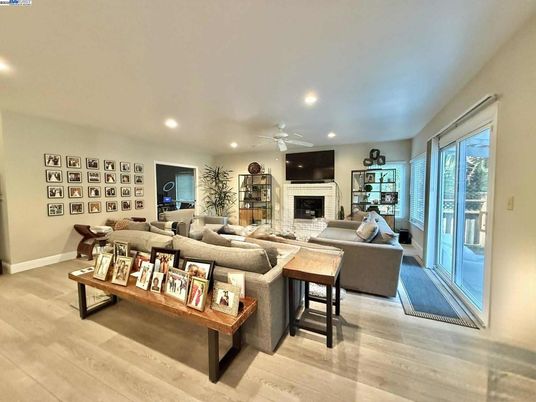 Fireplace, Interior, Living room, Recessed Lighting, Wood Texture Flooring