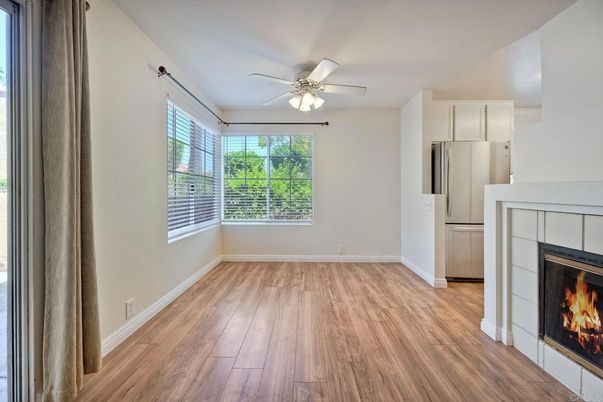 Empty room, Fireplace, Interior, Kitchen, Wood Texture Flooring
