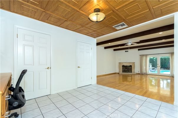 Empty room, Fireplace, Interior, Recessed Lighting, Wooden Beams, Wooden Ceilings, Wood Texture Flooring