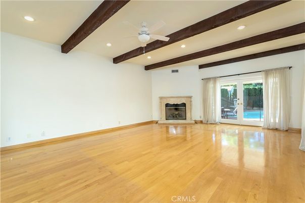 Empty room, Fireplace, Interior, Recessed Lighting, Wooden Beams, Wood Texture Flooring