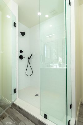 Bathroom, Glass Shower, Interior, Recessed Lighting, Wood Texture Flooring