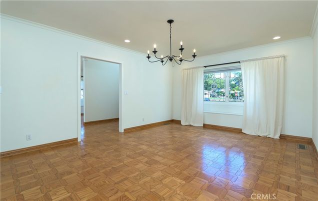 Chandelier, Empty room, Interior, Recessed Lighting, Wood Texture Flooring