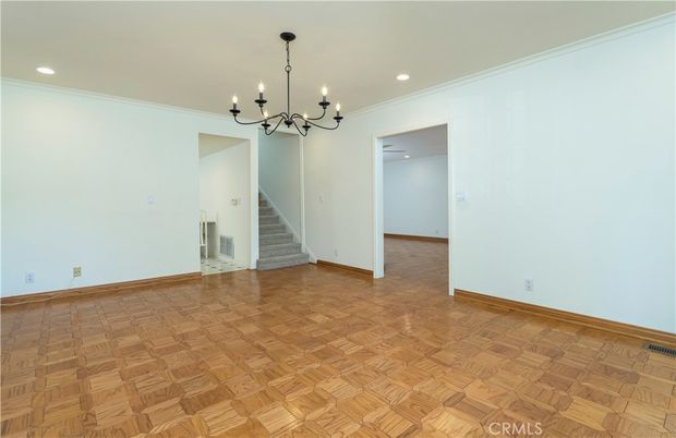 Chandelier, Empty room, Interior, Recessed Lighting, Wood Texture Flooring