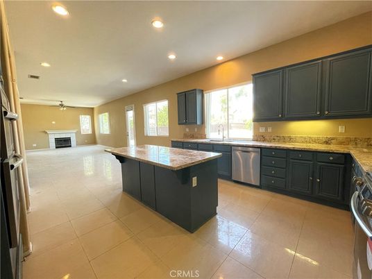Fireplace, Interior, Kitchen, Recessed Lighting, Stainless Steel Appliances