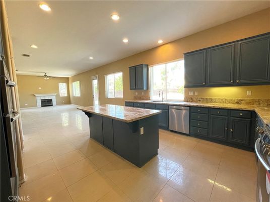 Fireplace, Interior, Kitchen, Recessed Lighting, Stainless Steel Appliances