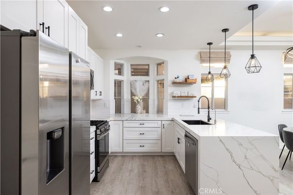 Interior, Kitchen, Pendant Lights, Recessed Lighting, Stainless Steel Appliances, Wood Texture Flooring