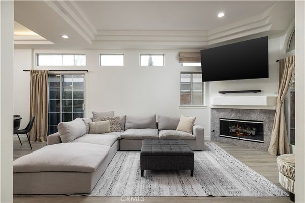 Fireplace, Interior, Living room, Recessed Lighting, Wood Texture Flooring