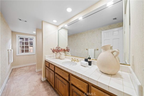Bathroom, Dual Sink Vanities, Interior, Recessed Lighting, Tile Countertops