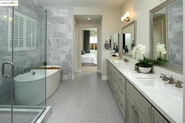 Bathroom, Dual Sink Vanities, Free Standing Baths, Glass Shower, Interior, Marble Walls, Recessed Lighting