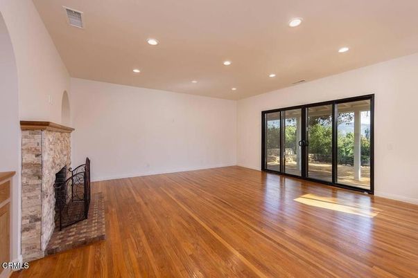 Empty room, Fireplace, Interior, Recessed Lighting, Wood Texture Flooring