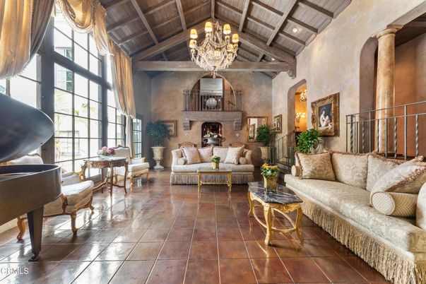 Chandelier, Fireplace, Interior, Living room, Recessed Lighting, Wooden Beams, Wooden Ceilings