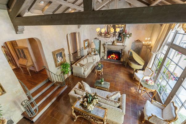 Chandelier, Fireplace, Interior, Living room, Wooden Beams