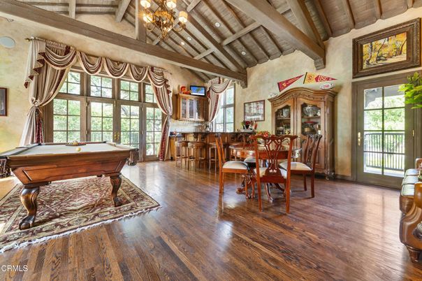 Billiard Table, Chandelier, Dining room, Game Room, Interior, Recessed Lighting, Wooden Beams, Wooden Ceilings, Wood Texture Flooring