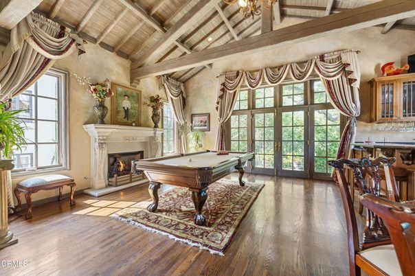 Billiard Table, Chandelier, Fireplace, Game Room, Interior, Wooden Beams, Wooden Ceilings, Wood Texture Flooring