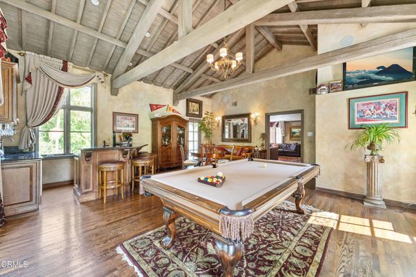 Billiard Table, Chandelier, Game Room, Interior, Wooden Beams, Wood Texture Flooring