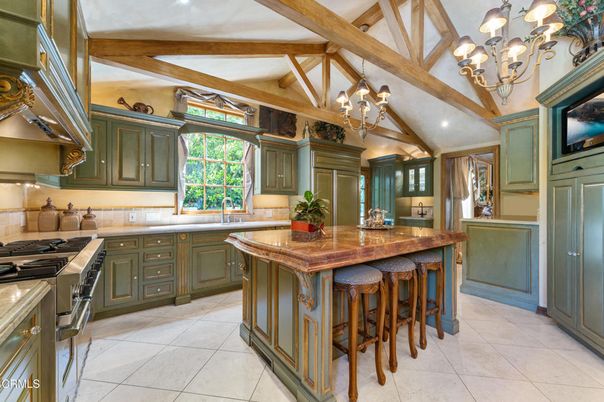 Chandelier, Interior, Kitchen, Pendant Lights, Stainless Steel Appliances, Wooden Beams