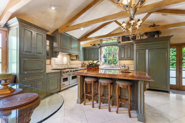 Chandelier, Interior, Kitchen, Recessed Lighting, Stainless Steel Appliances, Wooden Beams