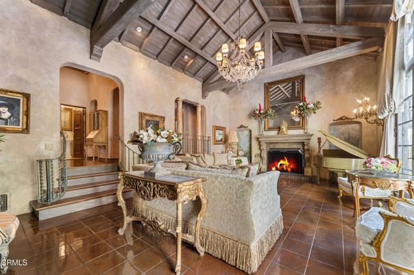 Chandelier, Fireplace, Interior, Living room, Recessed Lighting, Wooden Beams, Wooden Ceilings