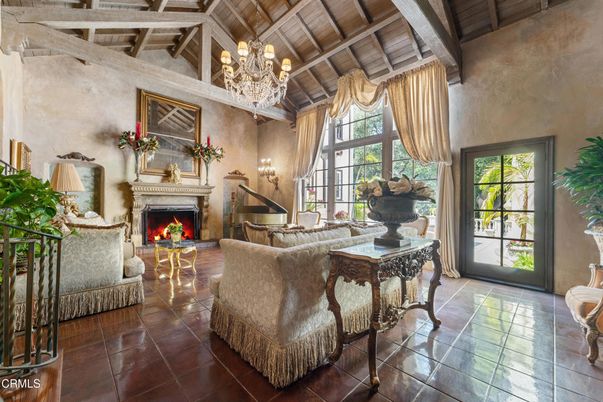 Chandelier, Fireplace, Interior, Living room, Wooden Beams, Wooden Ceilings