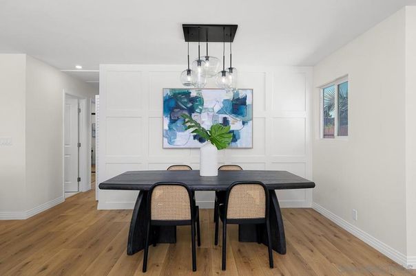 Dining room, Interior, Pendant Lights, Recessed Lighting, Wood Texture Flooring
