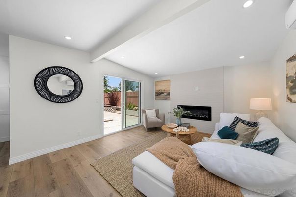 Fireplace, Interior, Living room, Recessed Lighting, Wood Texture Flooring
