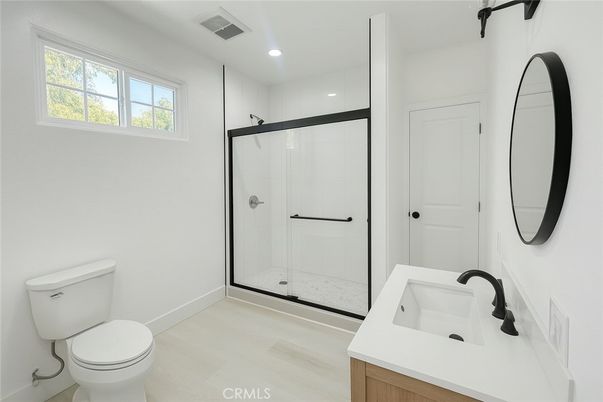 Bathroom, Glass Shower, Interior, Recessed Lighting, Wood Texture Flooring