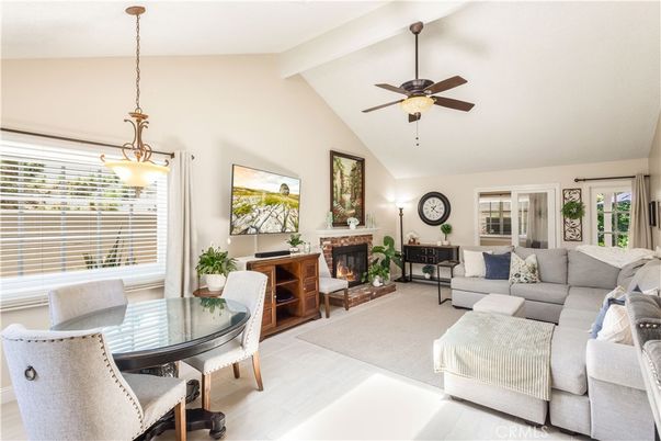 Dining room, Fireplace, Interior, Living room, Pendant Lights
