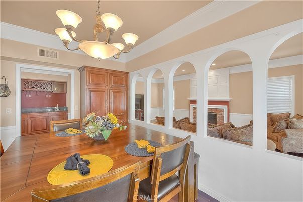 Chandelier, Dining room, Fireplace, Interior