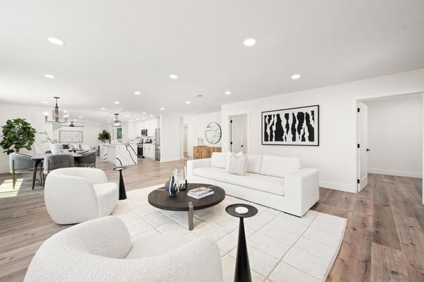 Dining room, Interior, Kitchen, Living room, Pendant Lights, Recessed Lighting, Wood Texture Flooring