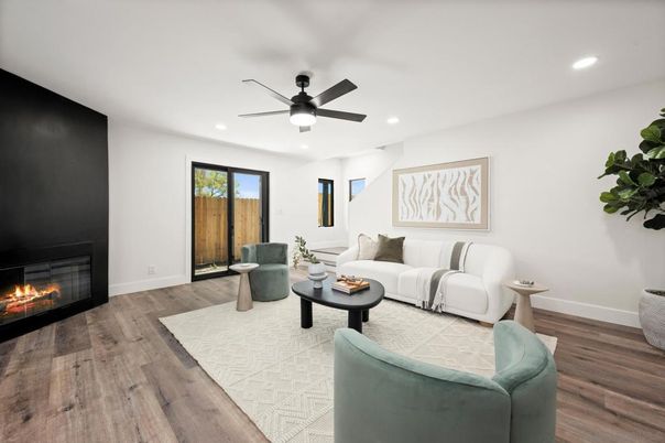 Fireplace, Interior, Living room, Recessed Lighting, Wood Texture Flooring