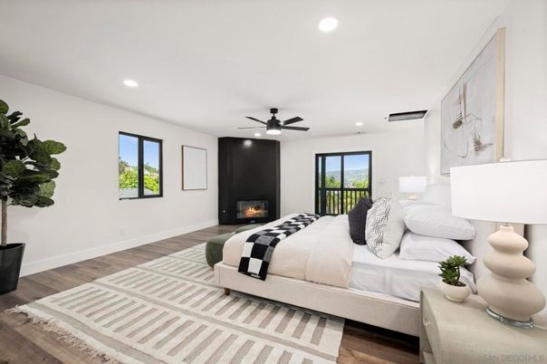 Bedroom, Fireplace, Interior, Recessed Lighting, Wood Texture Flooring