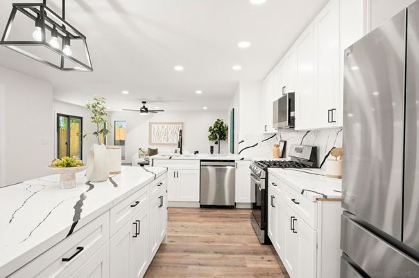 Interior, Kitchen, Recessed Lighting, Stainless Steel Appliances, Wood Texture Flooring