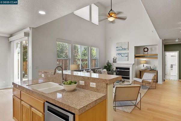 Fireplace, Interior, Kitchen, Living room, Recessed Lighting, Wood Texture Flooring