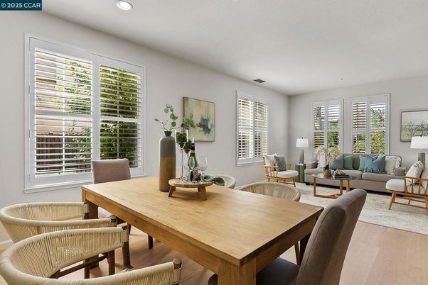 Dining room, Interior, Living room, Recessed Lighting, Wood Texture Flooring