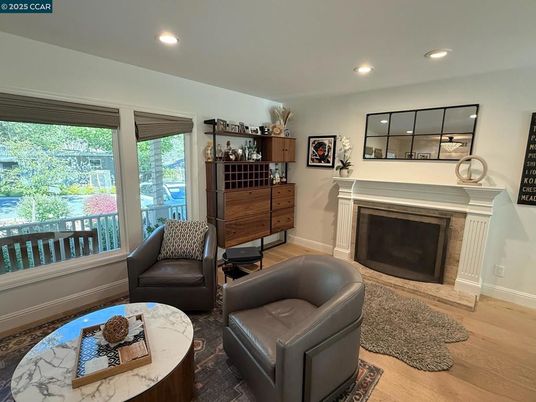 Fireplace, Interior, Living room, Recessed Lighting, Wood Texture Flooring