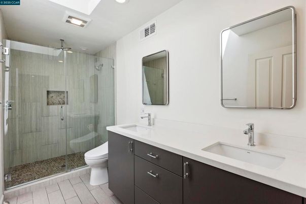 Bathroom, Dual Sink Vanities, Glass Shower, Interior, Recessed Lighting