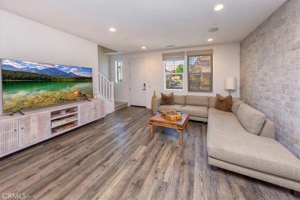 Interior, Living room, Recessed Lighting, Stone Walls, Wood Texture Flooring