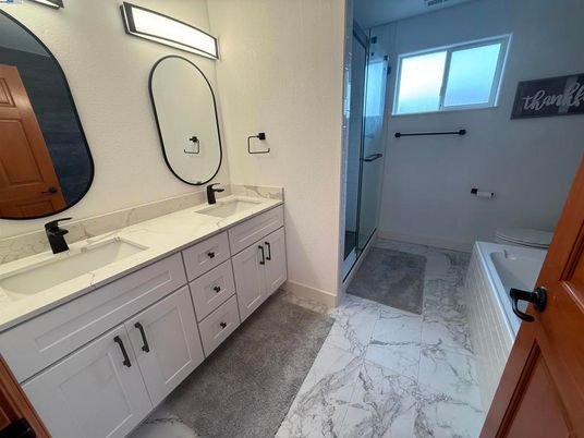 Bathroom, Dual Sink Vanities, Glass Shower, Interior, Marble