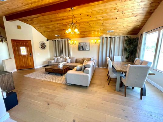 Chandelier, Dining room, Interior, Living room, Pendant Lights, Wooden Beams, Wooden Ceilings, Wood Texture Flooring