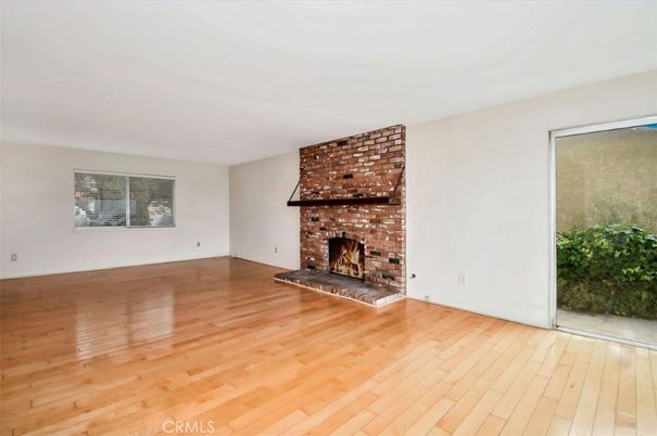 Empty room, Fireplace, Interior, Stone Walls, Wood Texture Flooring