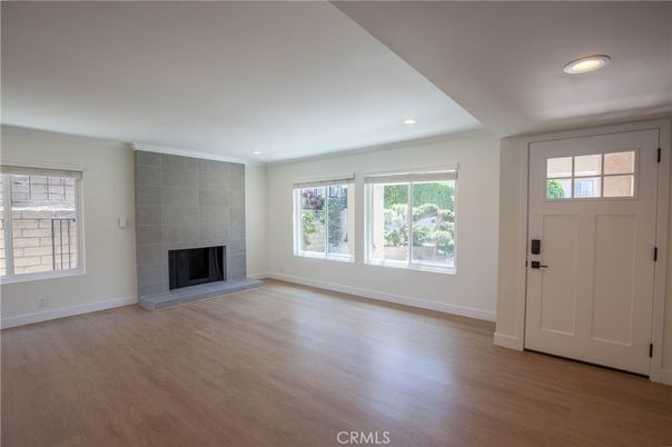 Empty room, Fireplace, Interior, Recessed Lighting, Wood Texture Flooring