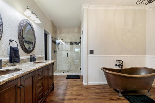 Bathroom, Dual Sink Vanities, Glass Shower, Interior, Wood Texture Flooring